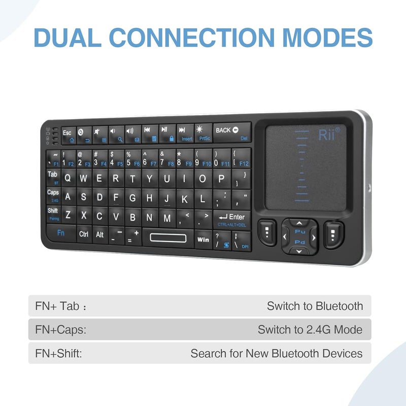 RII K06 Mini Bluetooth Keyboard,Backlit 2.4GHz Wireless Keyboard with IR Learning, Portable with Touchpad,Compatible with Amazon Fire Stick/VR Glasses/PS4/PS5/HTPC/IPTV (2.4G and Bluetooth) - Image 4